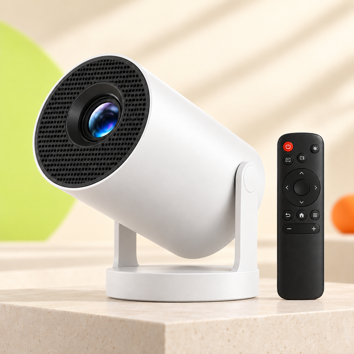 HY300 Pro blanc avec télécommande sur fond crème