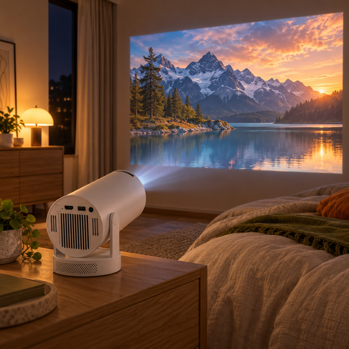 HY300 Pro+ projetant une image dans une chambre contemporaine