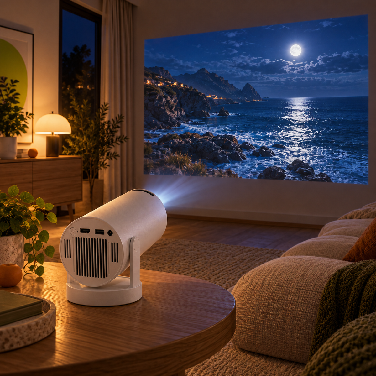 HY300 Pro projetant une image dans un salon contemporain
