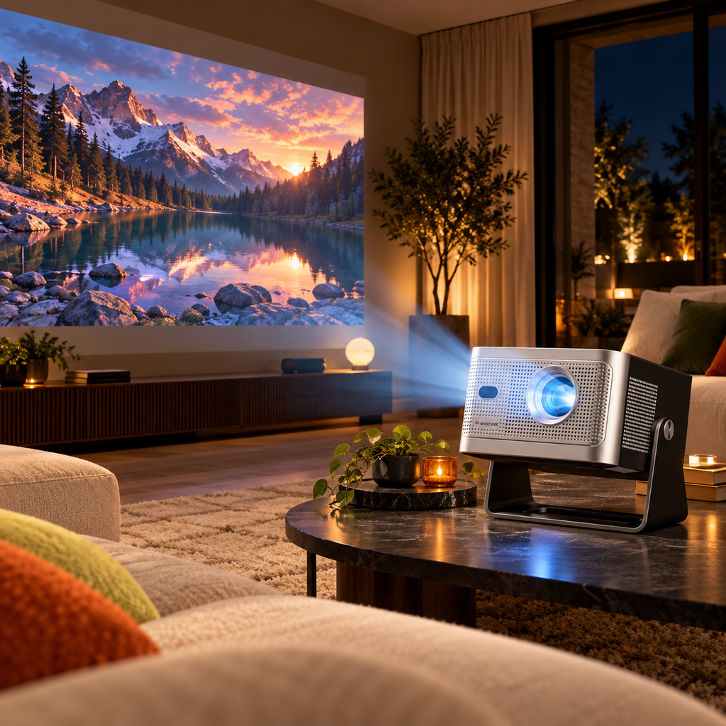 HY350GTV projetant une image dans un salon contemporain
