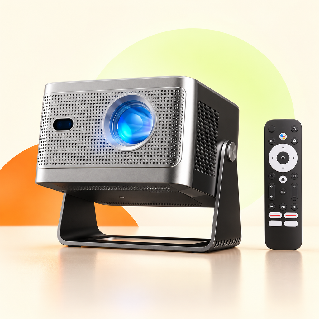 HY350GTV avec télécommande sur fond crème