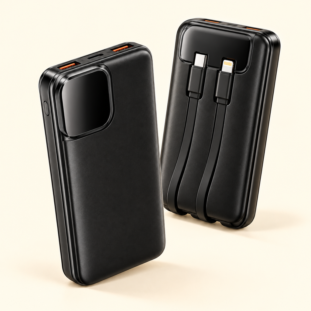 Batterie externe 20 000 mAh — câbles intégrés et face avant