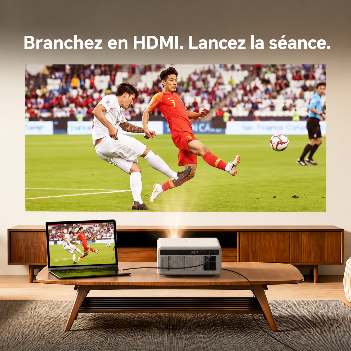 Vue arrière du MOOD Cinema relié à un ordinateur en HDMI