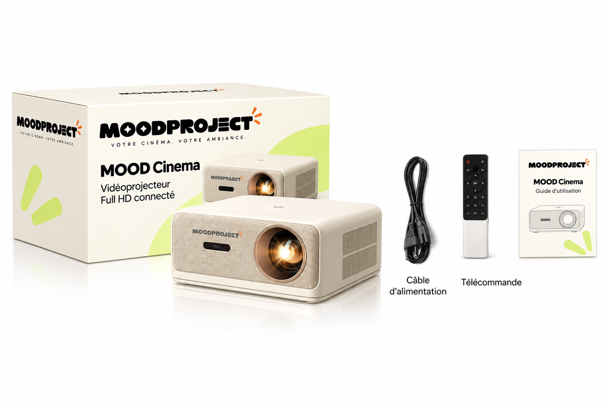 MOOD Cinema — maquette packaging personnalisé MOODPROJECT et accessoires — en français