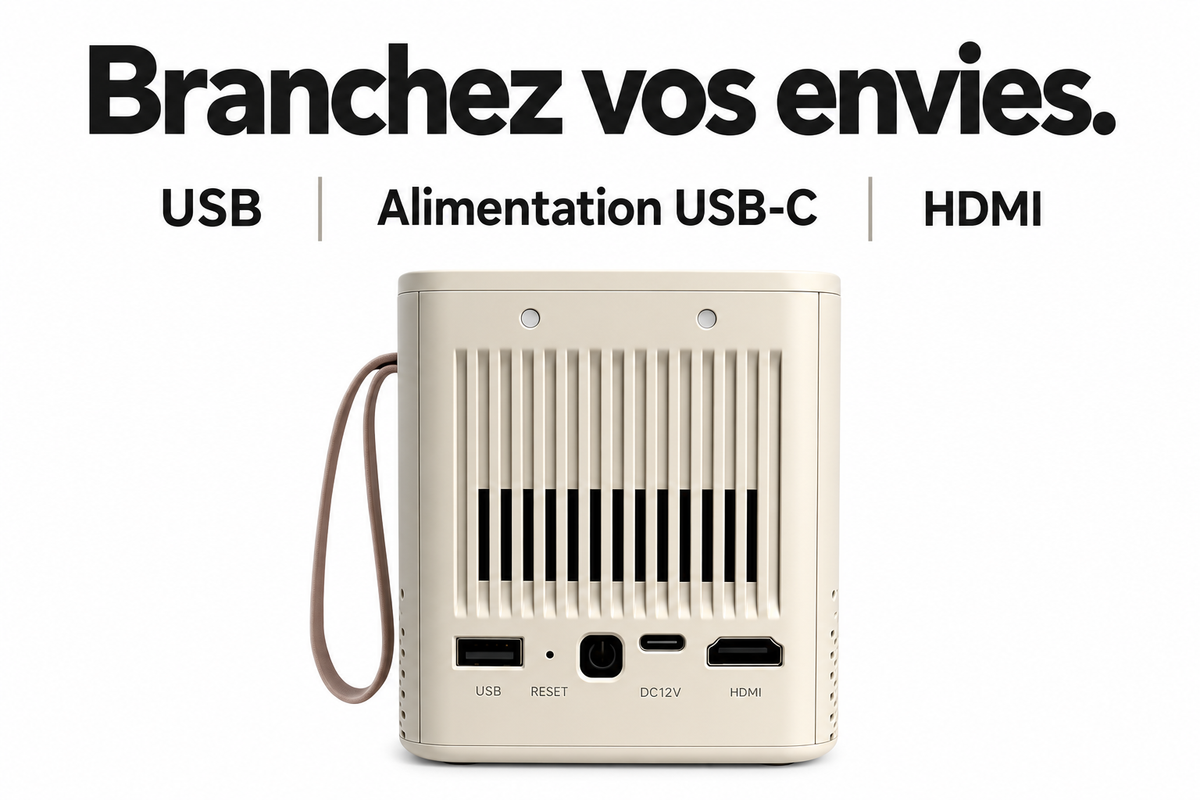 Vue arrière réelle du MOOD Go avec USB, alimentation USB-C et HDMI