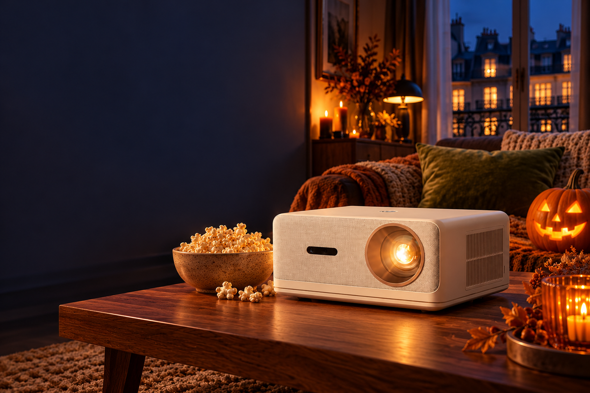 Vidéoprojecteur MOOD Cinema dans un salon décoré pour Halloween, avec citrouille lumineuse et popcorn