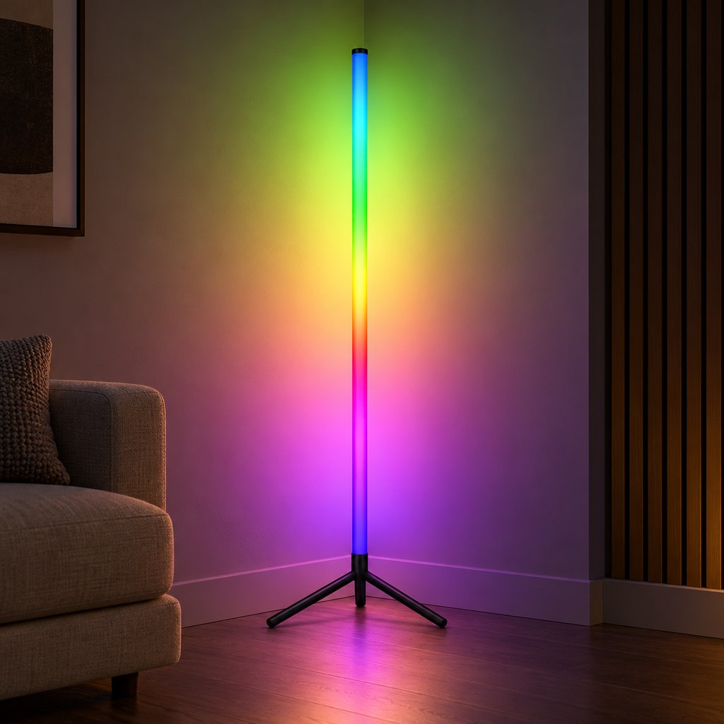 Lampe d’ambiance RGB 120 cm allumée dans un salon