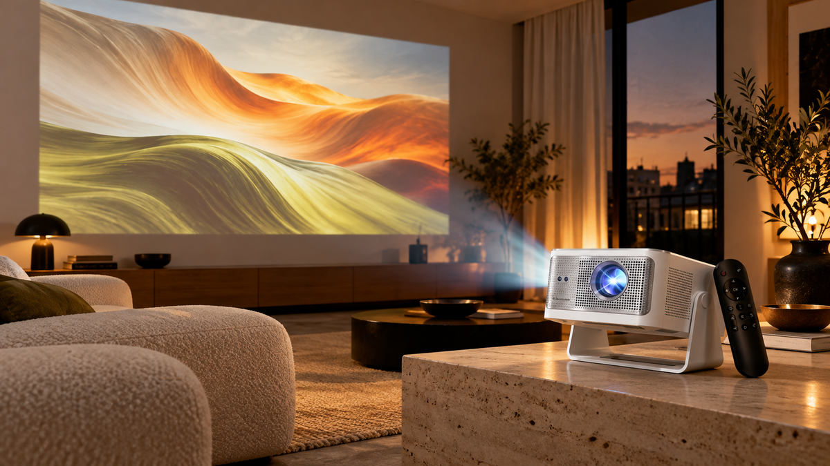 HY350 Max dans un salon cinéma contemporain